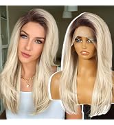 KOME Ombre Blonde Synthetic Lace Front Wig,13X6 Long Straight Layered Glueless Wigs for Women Dai...