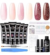 Gellen Poly Nail Extension Gel Kit, 6 Colors Poly Nail Gel Kit Nude Pink Glitter All In One Kit B...