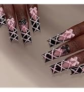 MISUD Press on Nails - Long Square Glue on Nails with Black French Tip, Acrylic Pink Bow Design 2...