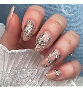 24 Pcs Almond Press on Nails Short Fake Nails Pink Almond False Nails with Snake, Star, Moon Patt...
