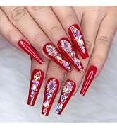 Artquee Coffin Press on Nails Long - Red Press on Nails with Rhinestones Designs, Reusable Fake N...