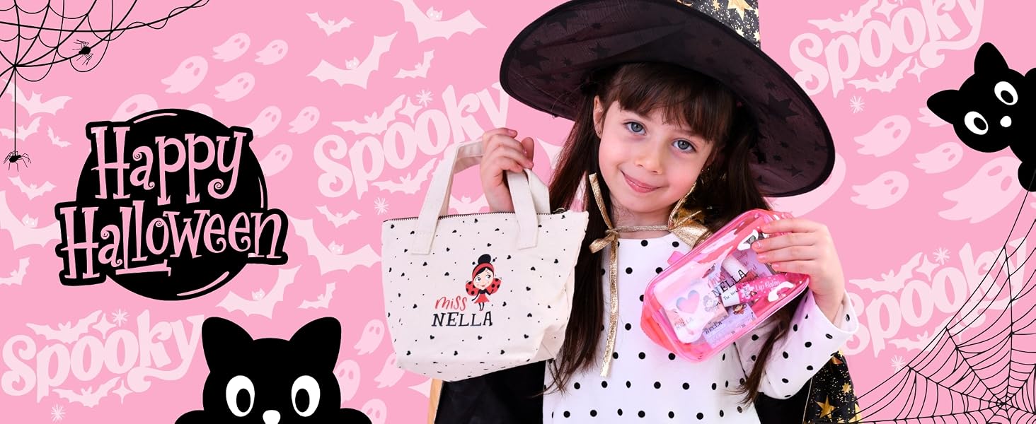 Text reads 'Happy Halloween'. Pink and black themed Halloween design featuring black cat illustrations and decorative pattern background.