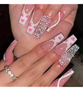 Valentines Press on Nails Long Pink Hearts Coffin Fake Nails Extra Long Acrylic Nails Press ons W...