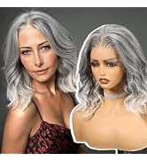 KOME Grey White Synthetic Lace Front Wig,13×6 Glueless Shoulder Length Curly Bob Wigs for Women D...