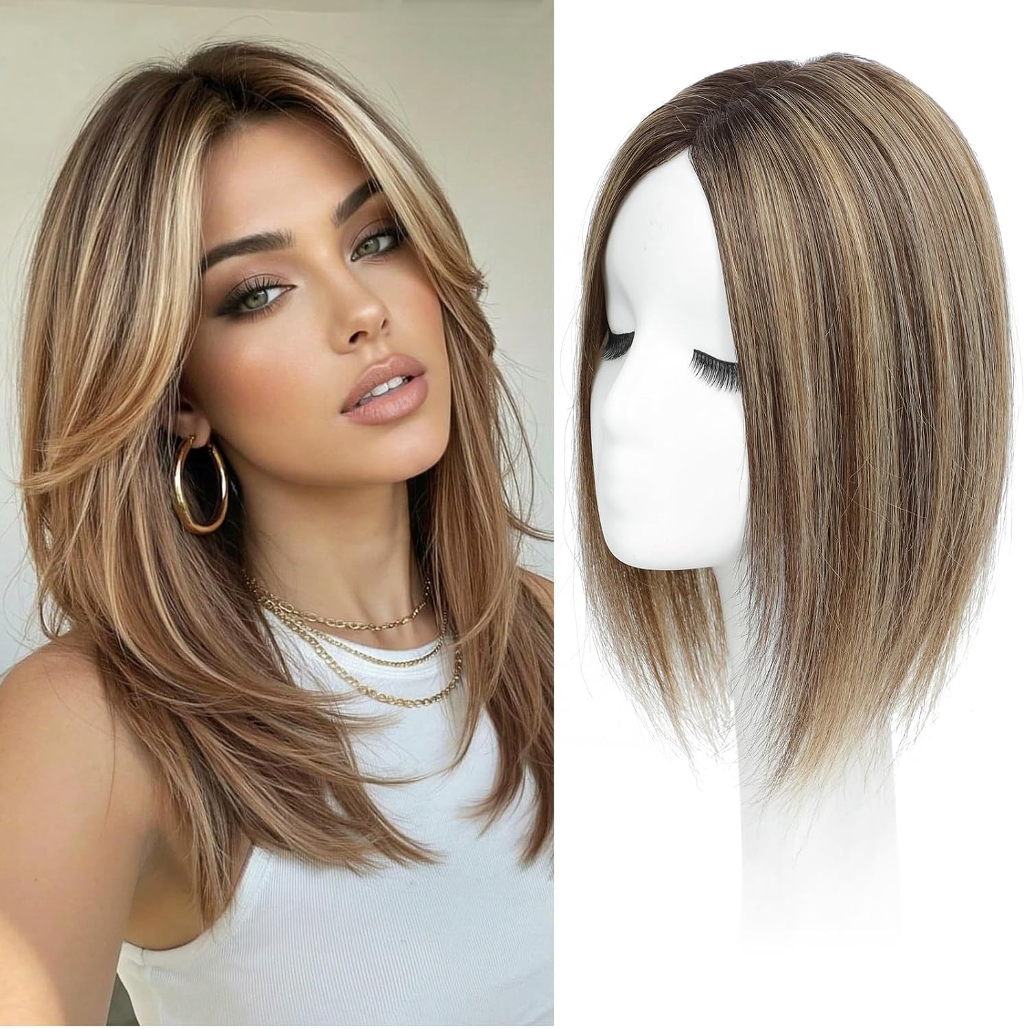 12 Inch Human Hair Toppers for Women Hair Real Human Hair for Women 10 * 12 cm Larger Swiss Base 120% Density Clip In Topper Hairpieces Wiglet Top Hair Pieces for Women with Thinning Hair (427#)