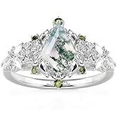 Jeulia Natural Moss Agate Gemstone Rings Sterling Silver Engagement Rings for Women Kite Cut Lapi...