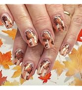 24Pcs Thanksgiving Press on Nails Maple Leaf Medium Square False Nails Autumn Gel Glue on Nail Fa...