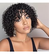ZHENLISI Short Curly Bob Human Hair Wig with Bangs 100% Human Hair Glueless Wear and Go No Lace W...