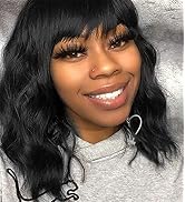 Elfairy Black Wig with Bangs Wig for Women 12in Short Bob Wavy Curly Wig Natural Black Hair Wigs ...