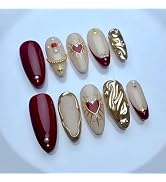 Hearts Press on Nails Medium Almond Fake Nails with Full Cover Dark Purple Charm Design 3D Gold C...