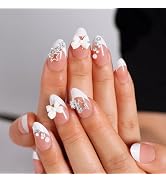 Artquee Press on Nails Short - White French Tip Press on Nails Almond with Star Rhinestones Bow D...