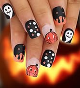 Morily 24Pcs Short Square Press on Nails Halloween Fake Nails with Pumpkin Ghost Design Matte Bla...