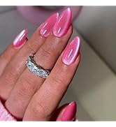 Pink Cat Eye Press on Nails Medium Almond False Nails with Glossy Glitter Design Bling Fake Nails...