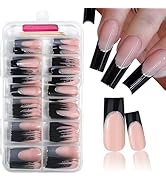 120 Pcs Black French Tip Press on Nails Long Square Fake Nails Silver Glitter Glossy Acrylic Glue...