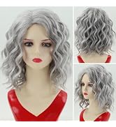 RENERSHOW Short Gray Wavy Bob Wigs for White Women Medium Length Grey Curly Wig Side Part Silver ...