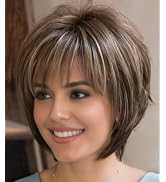 SEVENCOLORS Short Hair Wigs with Bangs Dark Brown Mixed Blonde Pixie Cut Wig for Women Straight S...