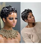 QiaQiaRing Chic Pixie Cut Wigs for Black Women Short Layered Pixie Curly Human Hair Wigs Glueless...