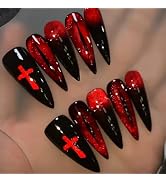 BABALAL Punk Press on False Nails Black Red Fake Nails Gothic Design Cross Print Y2k Halloween Gl...