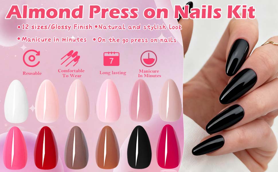 almond press on nails short glue on nails white fake nails black acrylic nails press on nails pink