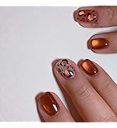 Shiny Leopard Print Press-On Nails Short Square False Nails Reddish Brown False Nails Autumn Oran...