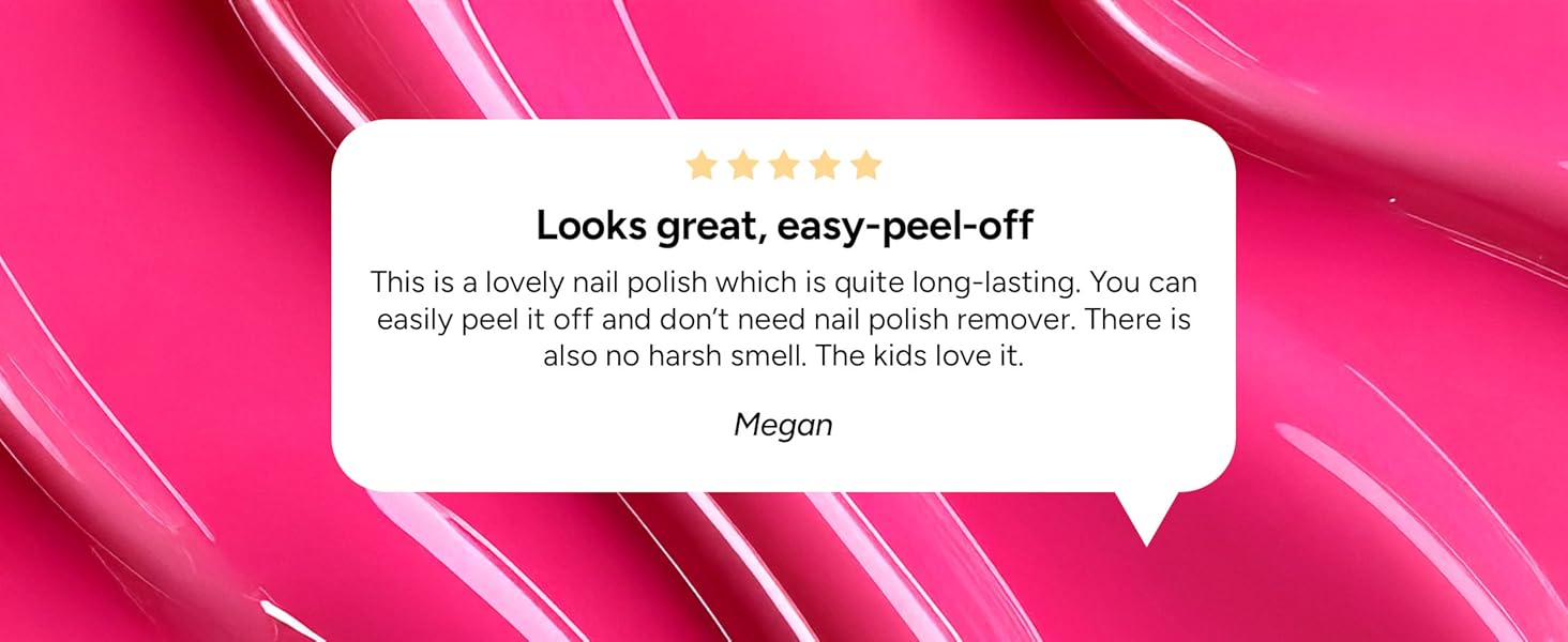 Social media or app review interface showing a comment bubble with text against a vibrant pink background.