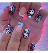Halloween Fake Nails Medium Square MABKJLF French Press on Nails White Spider Web Full Cover Nigh...