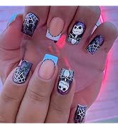 Halloween Fake Nails Medium Square MABKJLF French Press on Nails White Spider Web Full Cover Nigh...