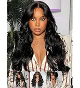 KLAIYI Fluffy Body Wave Curtain Bang Wig Bye Bye Knots Glueless Pre Cut 7x5 Lace Front Wigs Human...