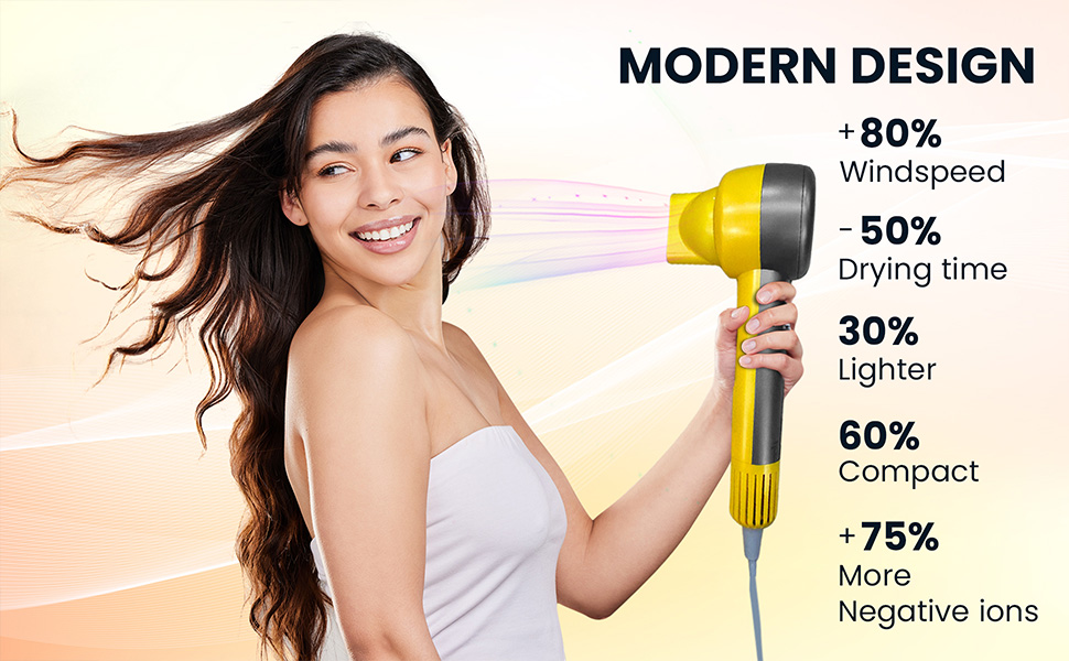 High-speed 28 m/s airflow hair dryer delivers salon blowout fast drying for thick curly hair