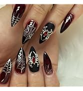 Halloween Press on Nails Medium Almond MABKJLF Spider Charms Fake Nails Red Gradient False Nails ...