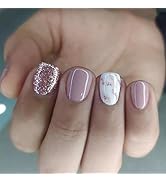 Pink Press on Nails Short Fake Nails Glitter Designs Marble Pattern False Nails Oval Glossy Acryl...