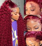 99j Burgundy Deep Wave Lace Front Wigs Human Hair 200 Density 13x4 HD Lace Front Wigs Hum...
