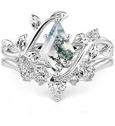 Jeulia Natural Moss Agate Gemstone Rings Sterling Silver Engagement Rings for Women Kite Cut Lapi...