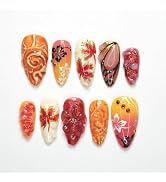 30pcs Fall Press on Nails Medium Almond Fake Nails with 3D Flower Maple Leaf Gold Beads Rhineston...