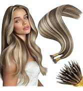 Moresoo Nano Bead Hair Extensions Human Hair Dark Brown with Caramel Blonde Highlight Nano Hair E...