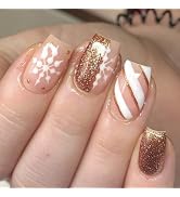 Gold Press on Nails Medium Square Fake Nails with Designs Snowflake Stick on Nail Christmas Acryl...