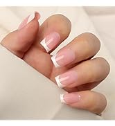 Artquee Light Pink White French Tip Press on Nails Short Square Fake Nails Kit Glossy Reusable Fa...