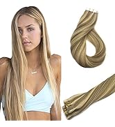 GOO GOO Tape in Hair Extensions Human Hair, 16/22 Light Blonde Highlighted Golden Blonde, 18inch ...