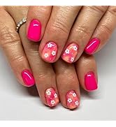 Pink Press on Nails Short Squoval Fake Nails Daisy Flower False Nails Full Cover Glossy Acrylic S...