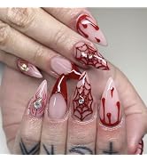 Halloween Press on Nails Medium Stiletto Blood Fake Nails Nude Full Cover Spider Charm False Nail...