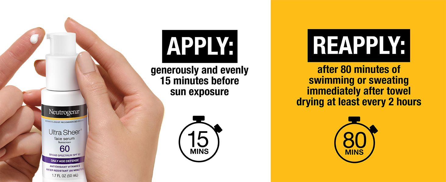 apply generously and evenly 15 minutes before sun exposure reapply after swimming or sweating 