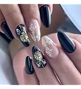 Black Press on Nails Medium Almond Fake Nails with Designs Snowflake Stick on Nail Christmas Acry...