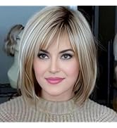 RENERSHOW Blonde Highlight Short Pixie Bob Wig with Bangs Straight Ombre Blonde Synthetic Wig wit...