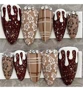Brown Press on Nails Medium Almond Fake Nails with Designs Gingerbread Man Stick on Nail Christma...