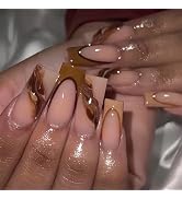 MISUD Press on Nails - Long Square Glue on Nails with Fall Brown, Acrylic Autumn Ombre Design 24 pcs