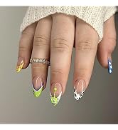 24Pcs Almond Press on Nails Short Fake Nails Summer Reusable False Nails with Cute Cartoon Patter...
