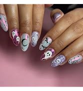 Halloween Press on Nails Medium Almond MABKJLF Holographic Fake Nails False Nails with Designs Gh...