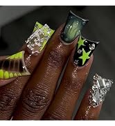 Duck Press on Nails Green Black Fake Nails with Star Design Rhinestone Glue on Nails Alligator Pr...