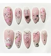 24pcs Pink Press on Nails Medium Almond Fake Nails with Star Heart Pearl Rhinestones Design Bow F...