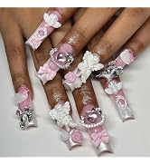 MISUD Press on Nails - Long Square Fake Nails with Silver Chrome, Acrylic Bow Charms Design 24 pcs